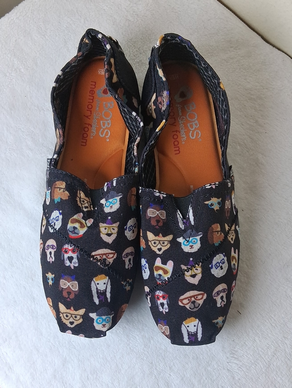 Women's Black Slip-On Memory Foam Sneakers with Playful Multicolor Faces